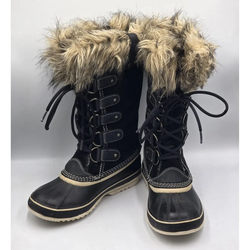 SOREL Joan of Arctic Boots Womens 8 Black Waterproof Fur Winter Snow NL1540